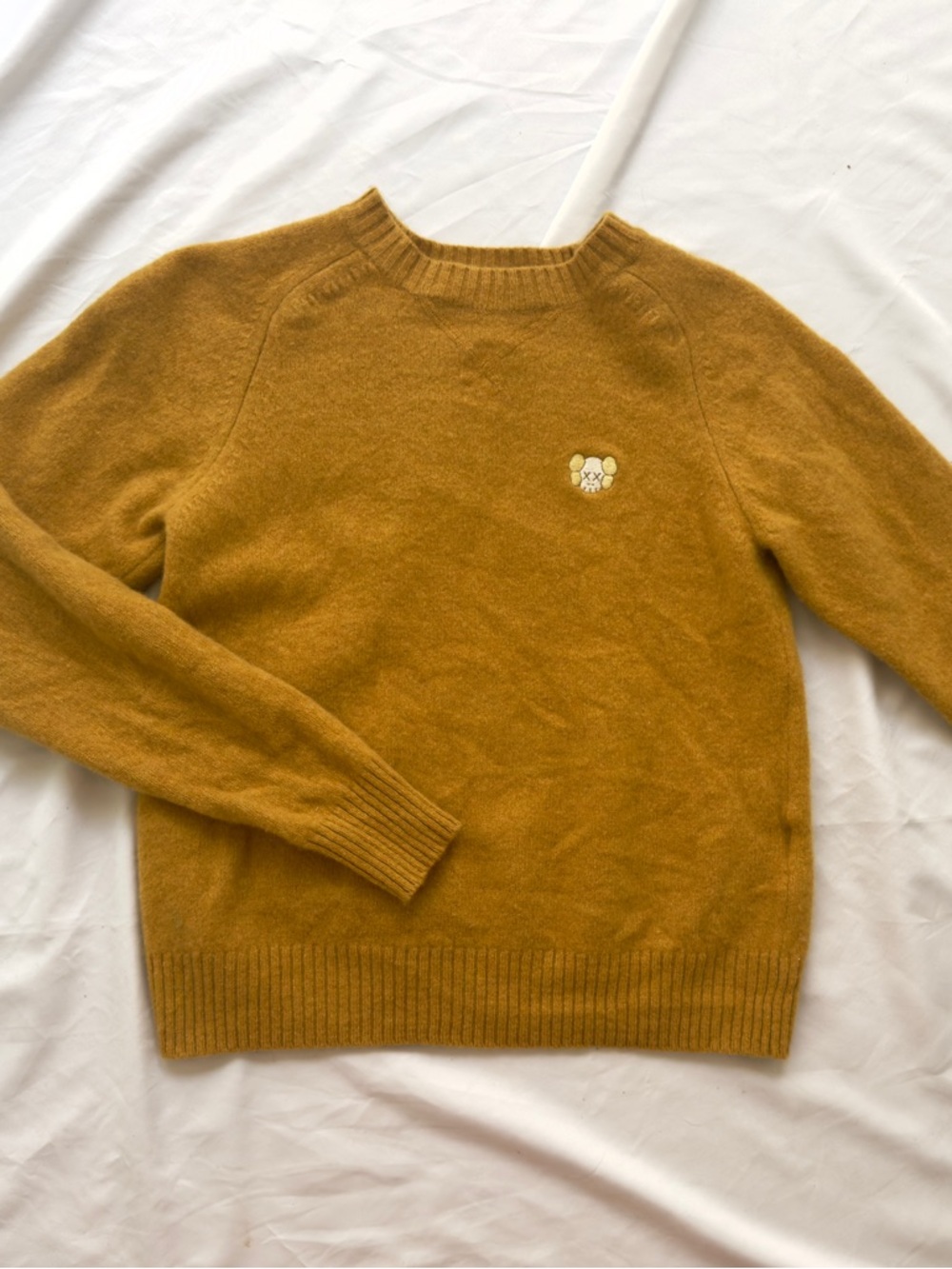 Uniqlo x KAWS Unisex XS Mustard Crewneck Sweater w/ Small Embroidered KAWS Bear